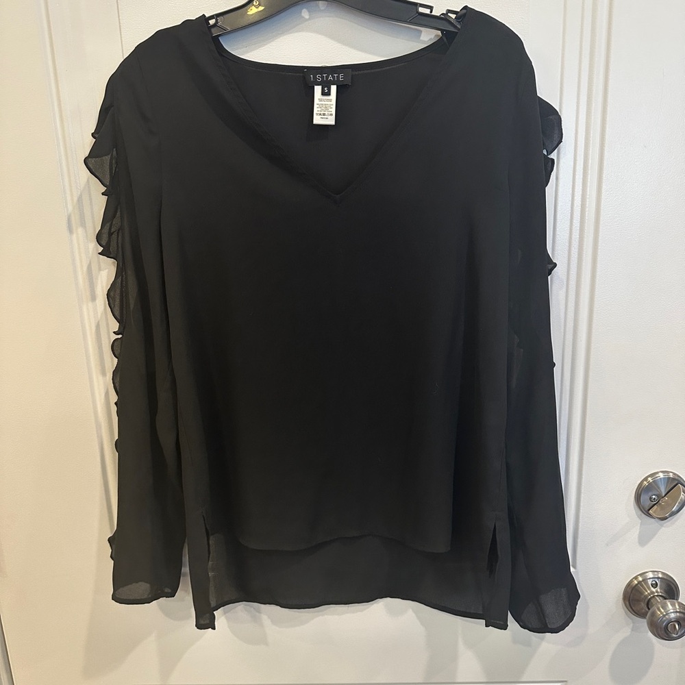 1. State Black V-Neck Ruffle Blouse